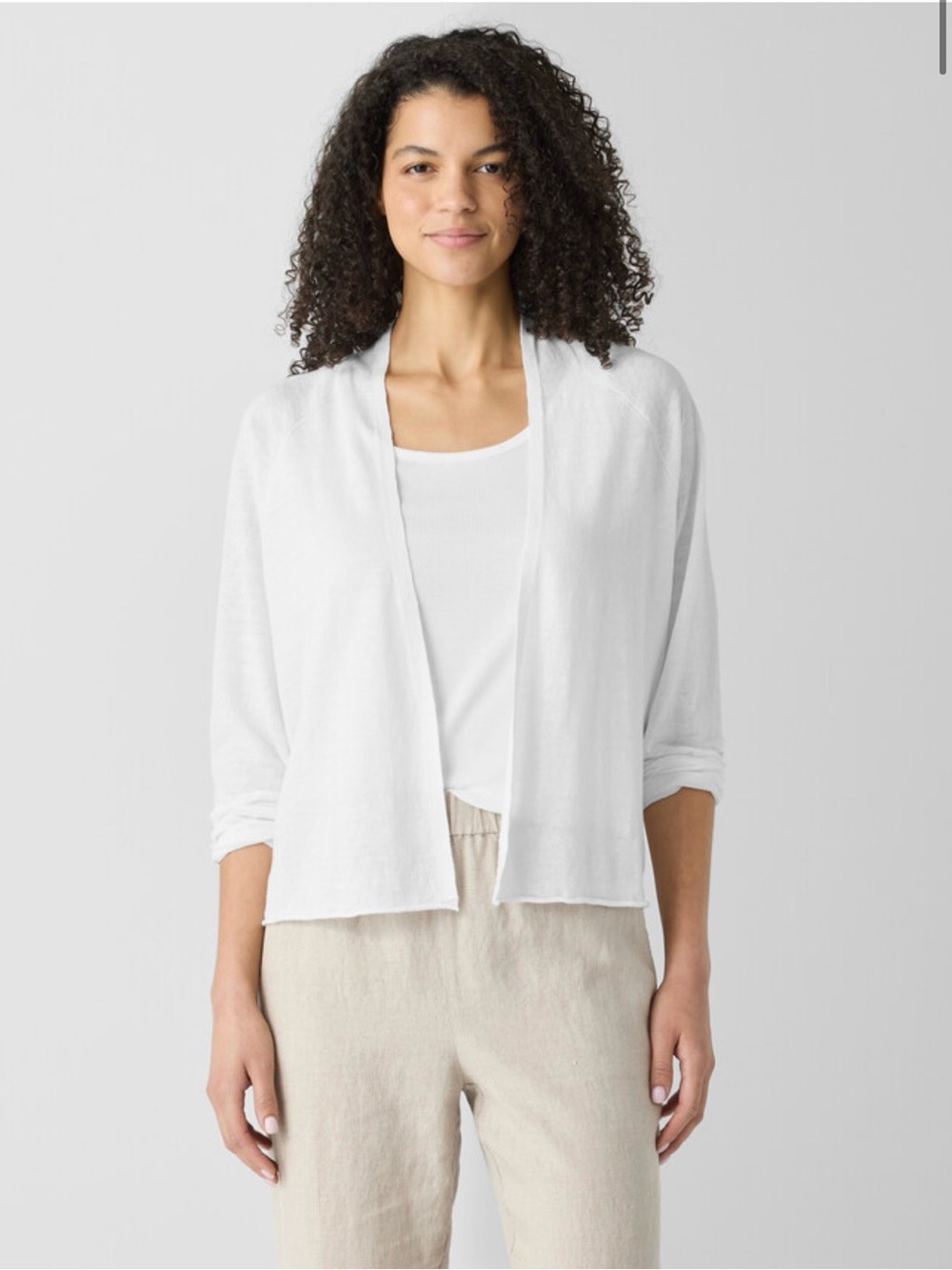 Eileen Fisher Linen Cotton high collar White Open-Front Women's Cardigan Sweater